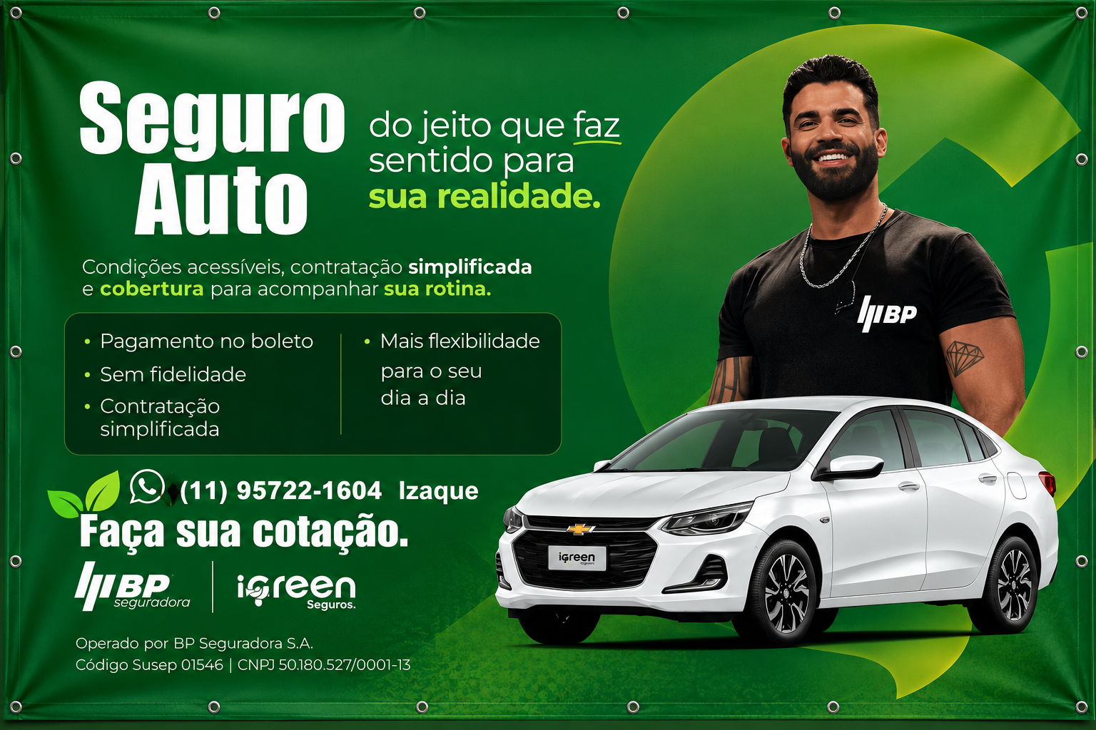 Banner de seguro auto da Loja Leles em parceria com BP Seguradora e iGreen Seguros